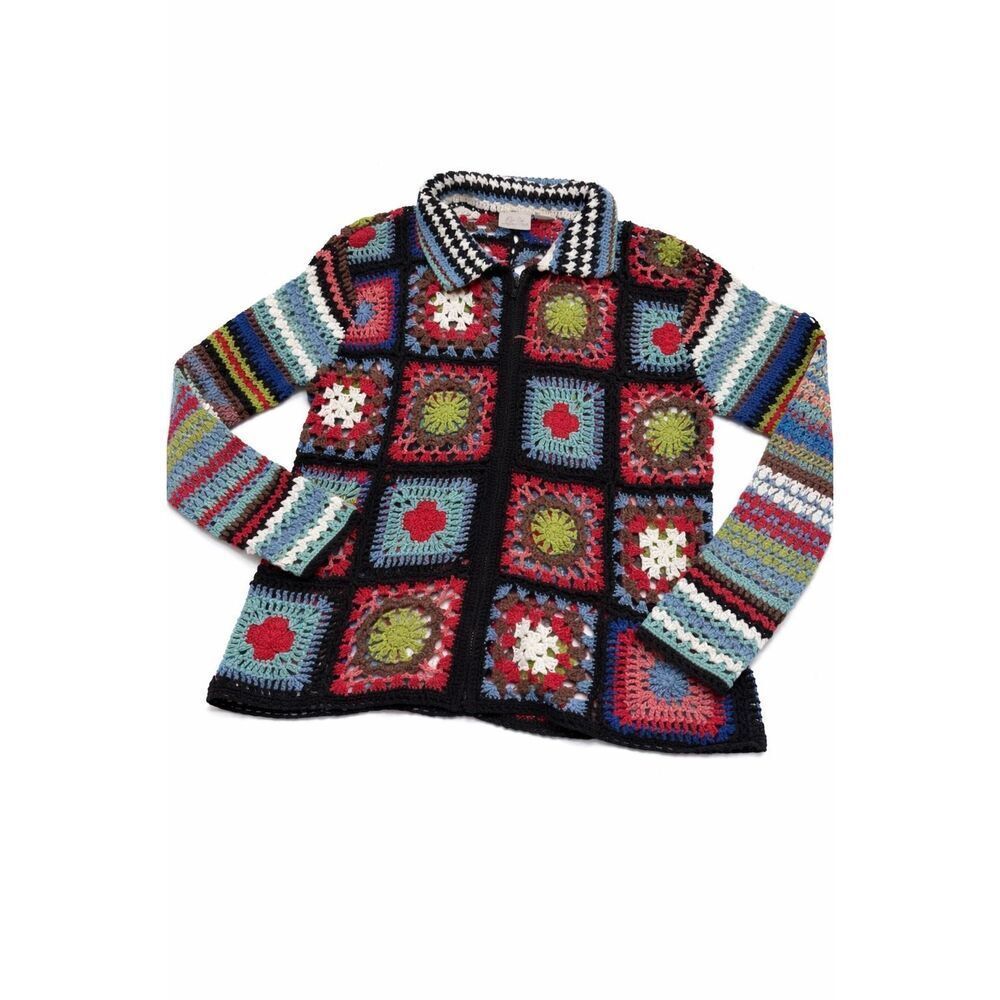 Fiorlini International Crochet Granny Square VTG Hippie Sweater Jacket Size XL